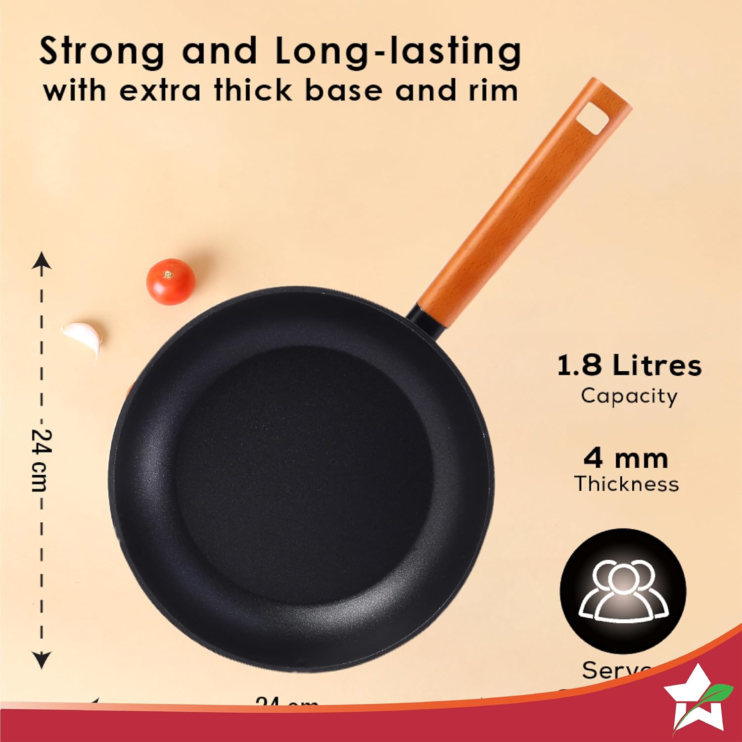 Wonderchef Caesar Non-Stick Fry Pan | Induction Bottom | Wooden Handle | Pure Grade Aluminium | 24cm Frying Pan Non Stick