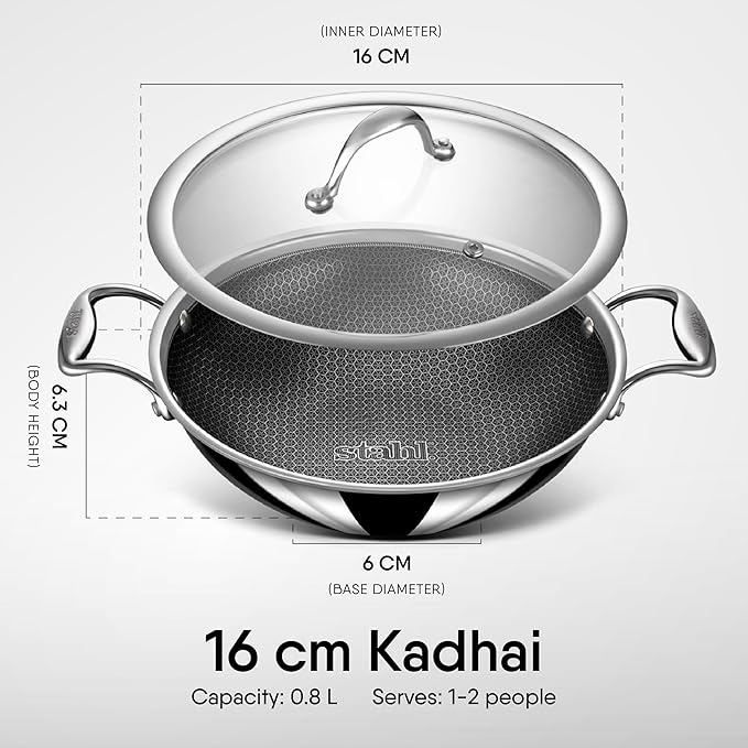 Stahl Artisan Hybrid Triply Non Stick Small Kadai With Lid, Stainless Steel Kadai for Cooking | 0.8 L | 16 Cm