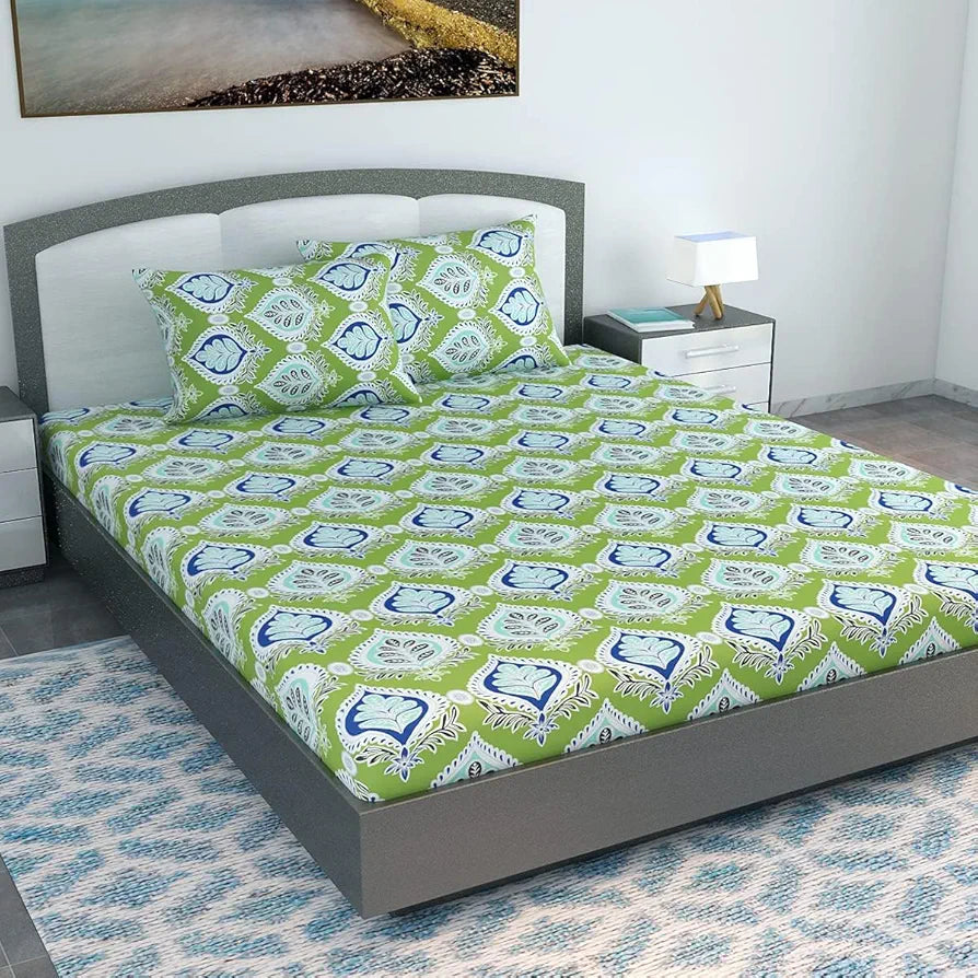 Divine Casa 100% Cotton 144 TC Fitted Printed Bedsheet for King Bed Soft-Touch Skin-Friendly Bedsheet Colour Apple Green