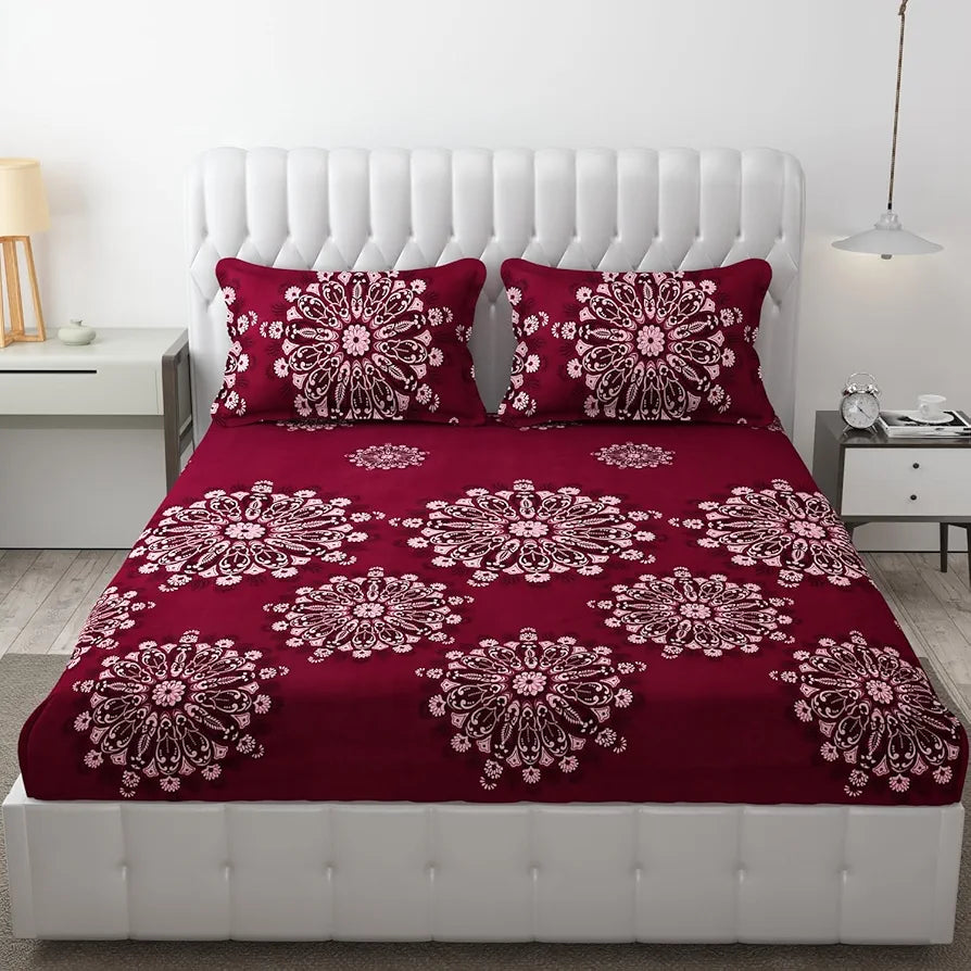 Fresh From Loom Floral King Size Microfiber Bedsheet Set Printed Hypoallergenic Wrinkle Free with 2 Pillow Covers 144 TC Wine