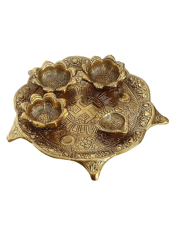 Ecraftindia Golden Metal Swastik Designer Pooja Thali With 3 Bowls and 1 Diya | Traditional Pooja Essential Set