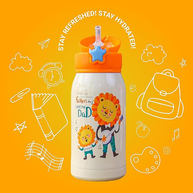 Femora Kids Lion Design Hot & Cold Thermosteel Water Bottle for Kids - 500 gms