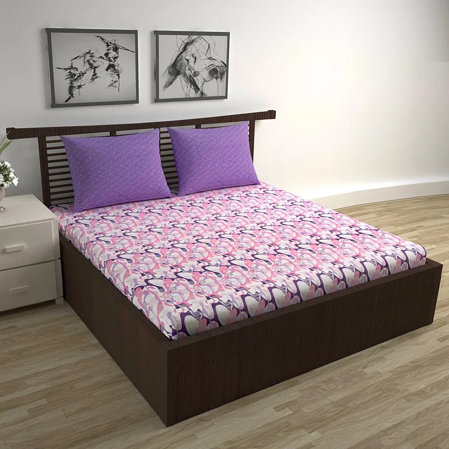 Divine Casa 144 TC 100% Pure Cotton Double Bed Bedsheet with 2 Pillow Covers Geo Petals Colour Lavender Blush