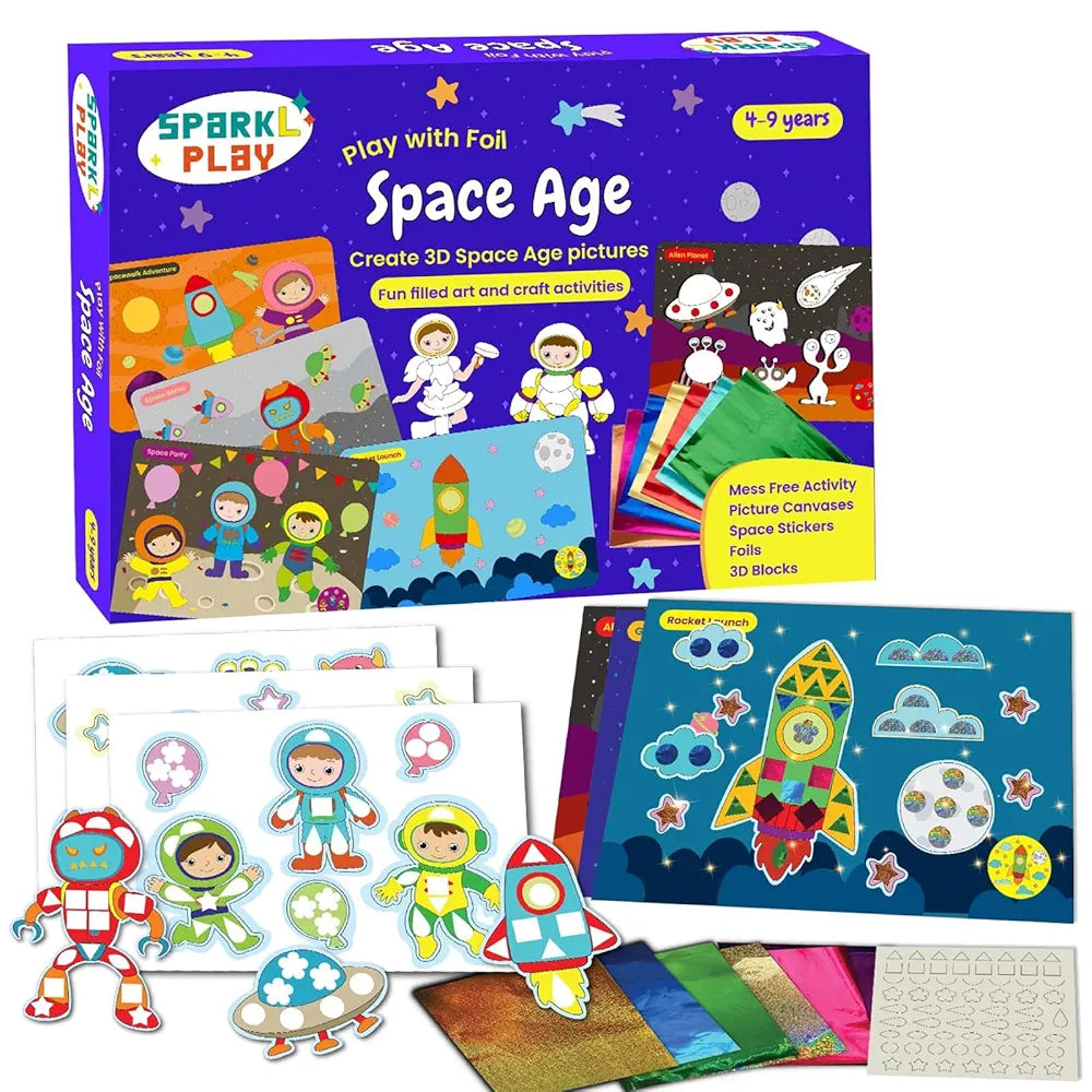 SparkLPlay Foil Art & Craft Kit for Kids Ages 4 to 9 | Space Foil Fun | DIY Craft Kit | Birthday Gift for Boys & Girls | Mess-Free Creative Craft | Space Age