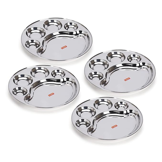 Sumeet Stainless Steel Round 5 in 1 Compartment Lunch Big Plates Set of 4Pcs 34cm Silver