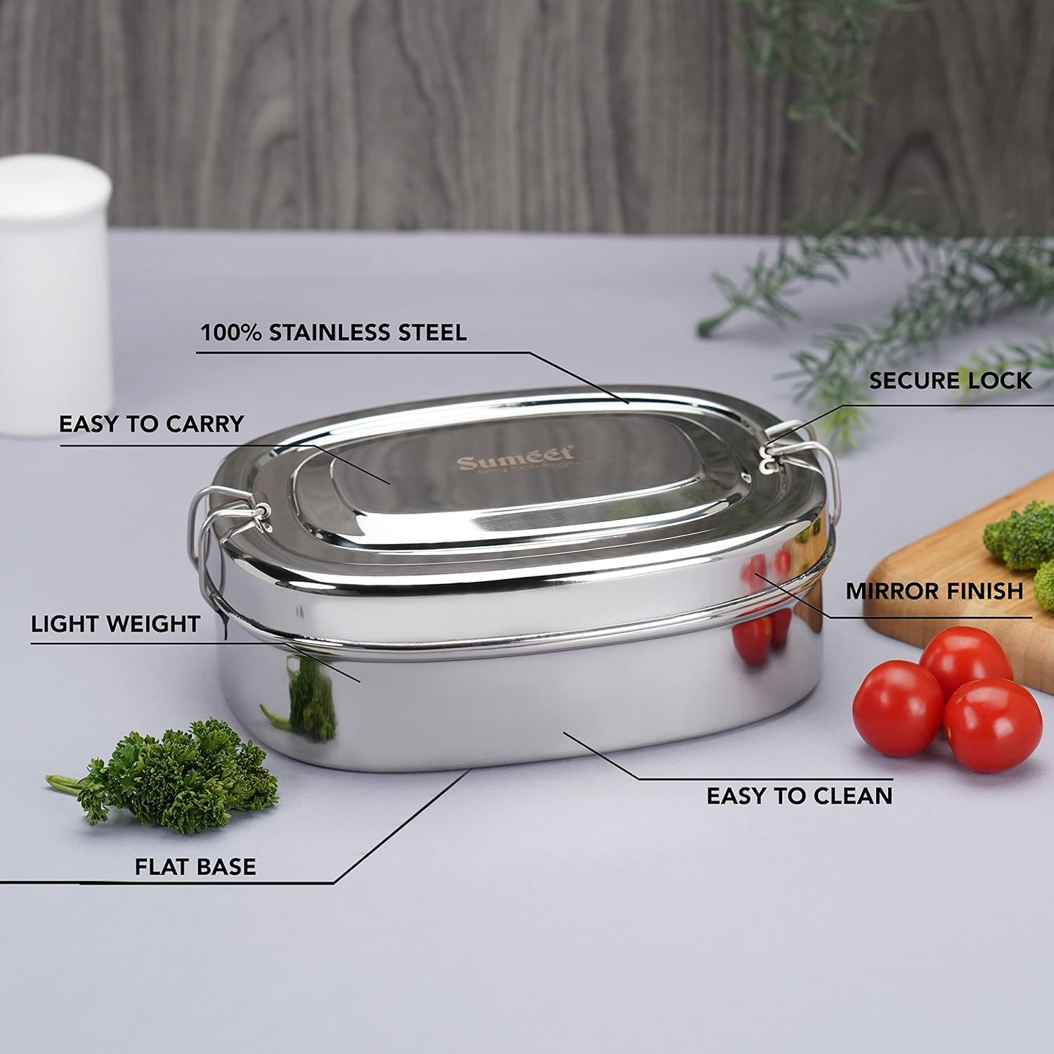 Sumeet Stainless Steel Rectangle Lunch Box/Tiffin 650 ml Silver