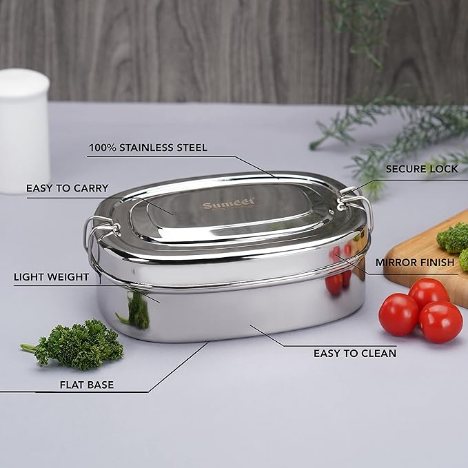 Sumeet Stainless Steel Rectangle Lunch Box/Tiffin  Set of 2 Pcs 650 ml Each Silver