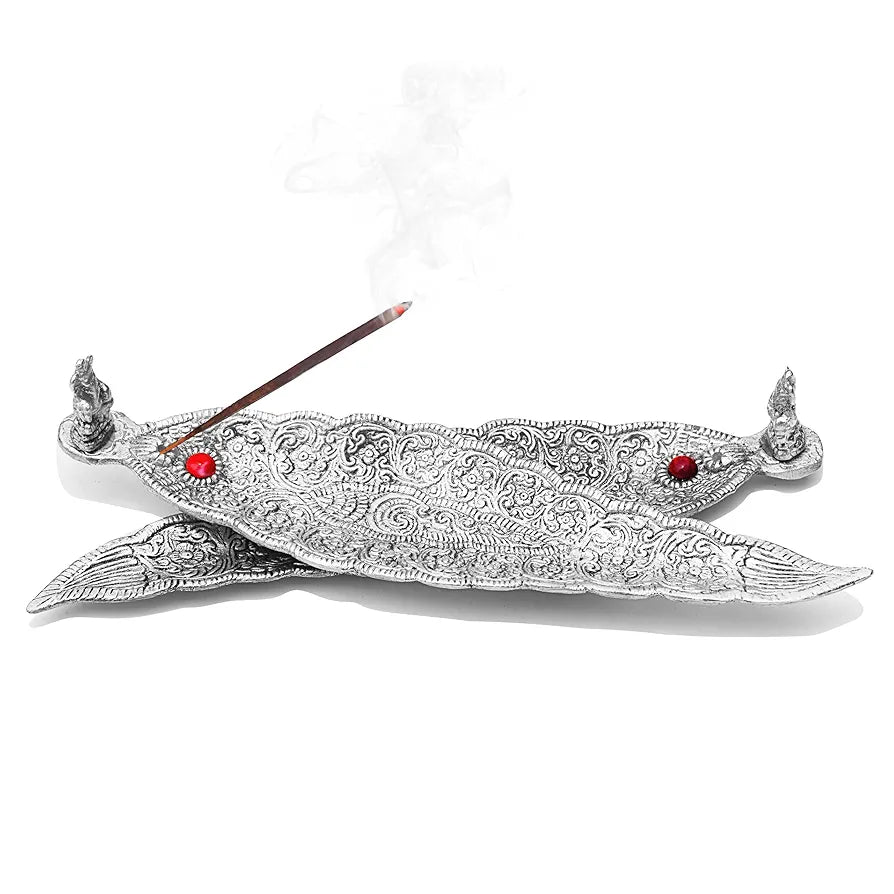 Pure Source India Aluminum Incense Holder & Ash Catcher Agarbatti Stand Featuring Ganesh Figurine Silver