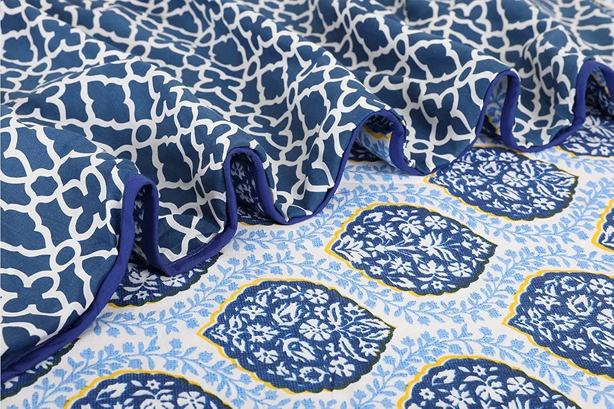 Cloth Fusion Reversible Dohar Single Bed Soft Cotton Blend AC Blanket for Summer Blue Leaves