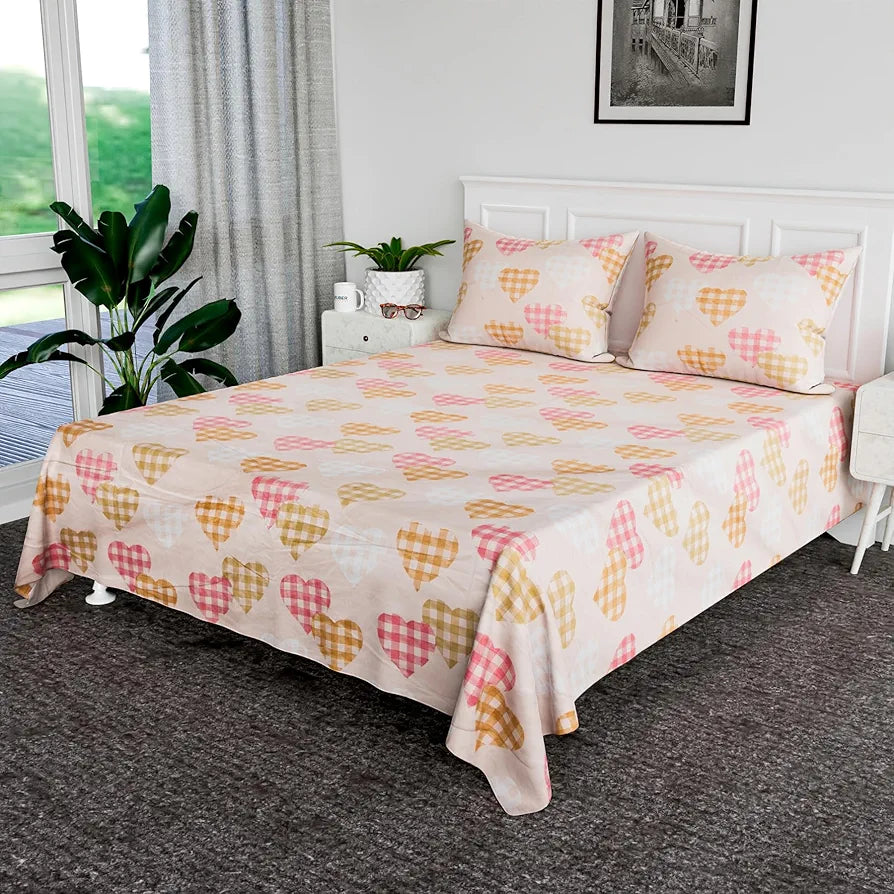 Kuber Industries Double Bedsheet Premium Cotton with 2 Pillow Covers Heart-Design Bedsheet Pink