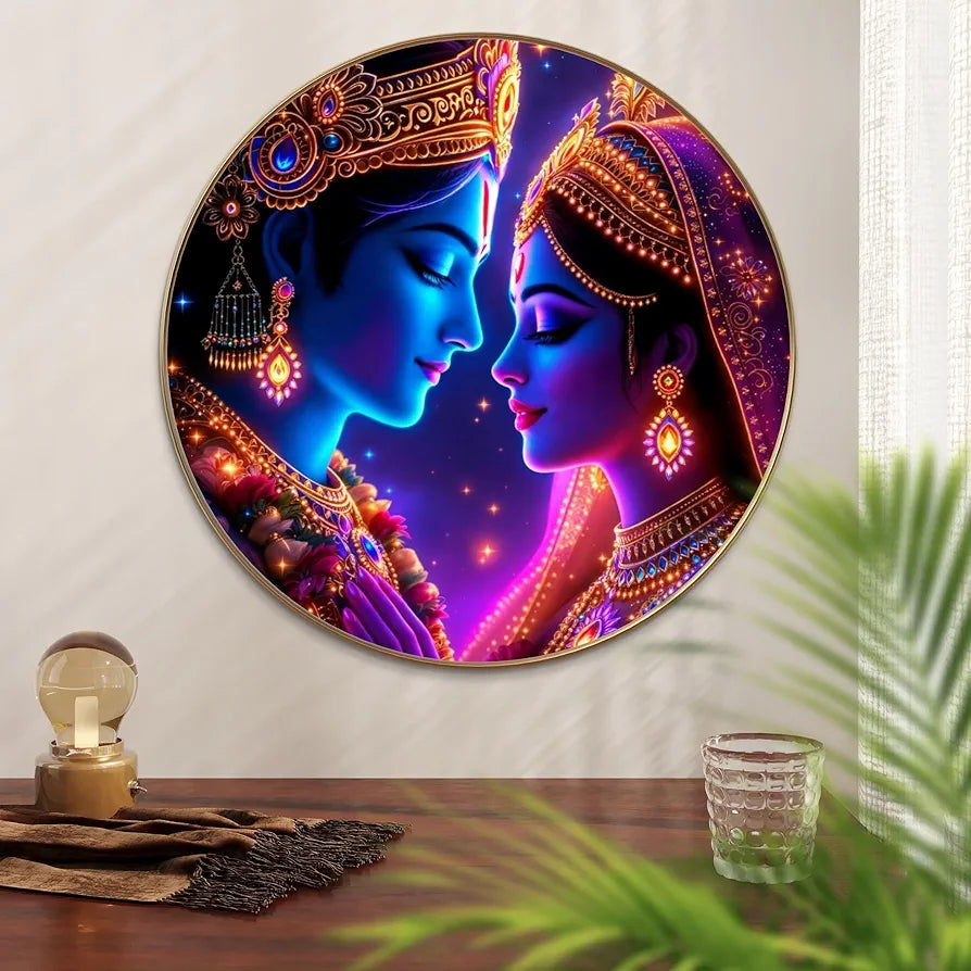 Livin'luxe Paintings Radha Krishna Divine Wall Painting with Frame - Sparkle Glossy Round Golden Framed Large