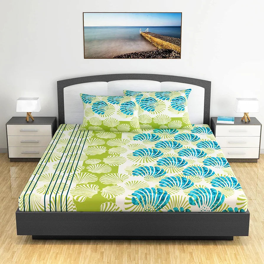 Divine Casa 100% Cotton 144 TC Bedsheet for Double Bed King Size Bedsheet with 2 Pillow Covers Colour Ocean Green