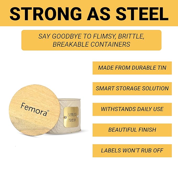 Femora Kitchen Storage Jars Tin Jar With Wooden Lid Air Tight Jar | 300 Ml | Set of 1