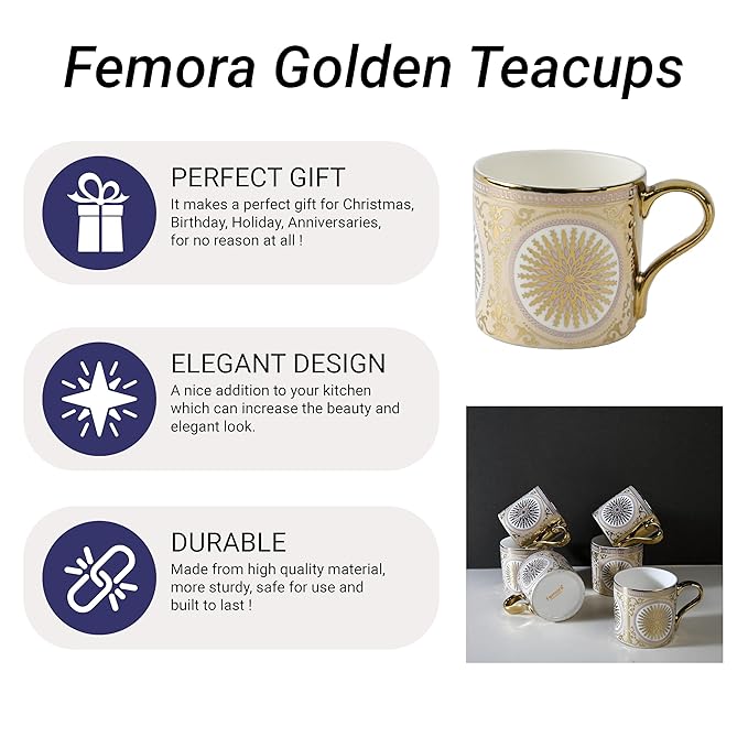 Femora Mandala Pattern With Golden Handle Golden Coffee Mugs | 130 Ml | 6 Pieces Set | Not Microwave Safe