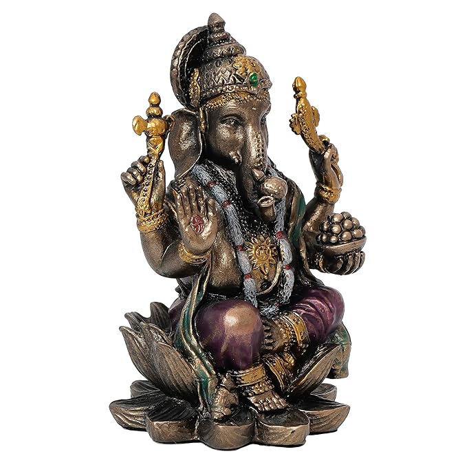 Ecraftindia Resin Bronze Chaturbhuj Lord Ganesha Idol Sitting on Lotus Flower | Ganesha Statue for Puja Room