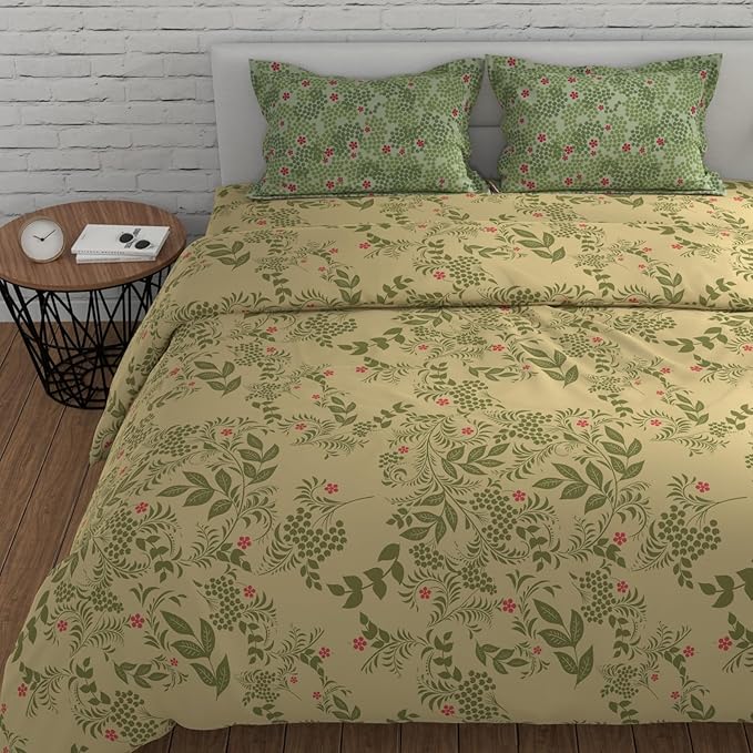 Huesland by Ahmedabad Cotton 144 TC King Size Bedsheet Cotton with 2 Pillow Covers | Botanical Bliss | Vanilla & Green