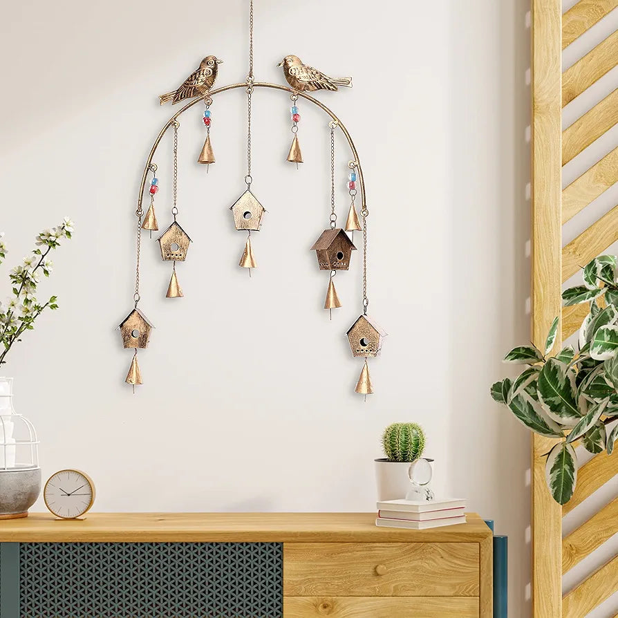 Metal Windchime Wall Hanging Feng Shui Wall Decor Golden BirdHouse