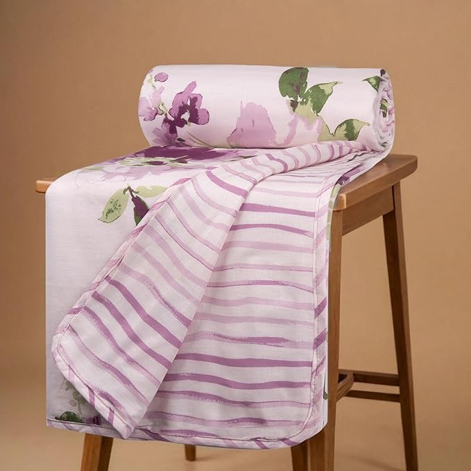 Huesland 100% Cotton Reversible Dohar Single Bed Cotton | Soft Cambric Weave, All Weather Light Ac Blanket | Floral Fusion - Purple & Green