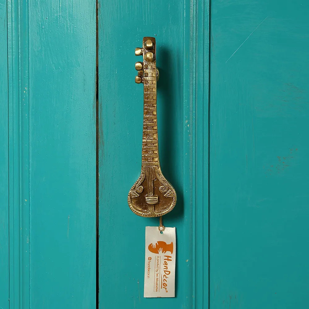 Two Moustaches Sitar Design 8 Inches Brass Door Handle Brass