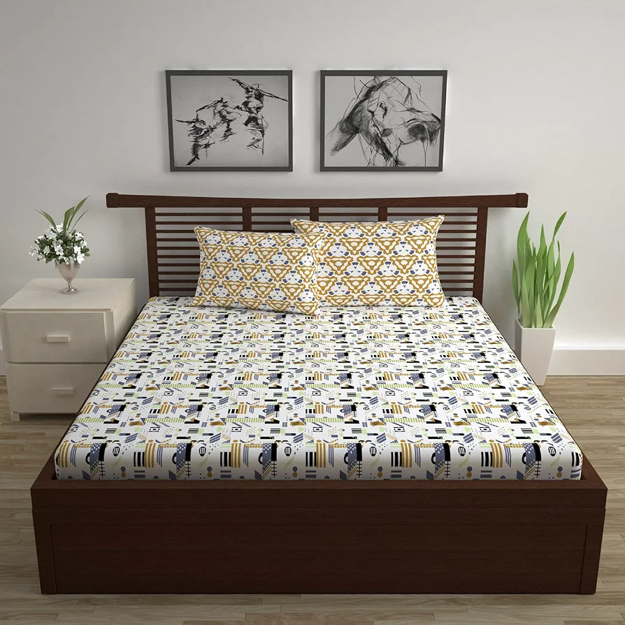 Divine Casa 144 TC Cotton Bedsheet for Double Bed with 2 Pillow Cover Colour Yellow & White