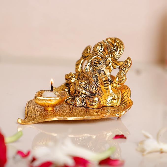 Kridaykraft Metal Lord Ganesha On Leaf with Diya Idol for Pooja Room