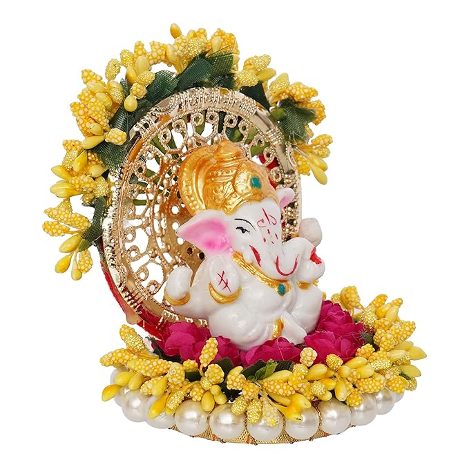 Ecraftindia Resin Handcrafted Lord Ganesha Idol on Yellow Floral Decorative Plate | Ganesha Idol