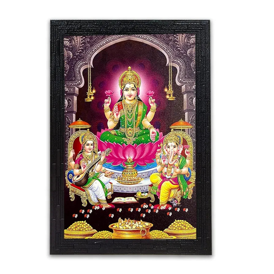 Lifehaxtore Lakshmi With Ganesha and Saraswati Photo Painting with Wooden Frame Black for Temple -Model 1