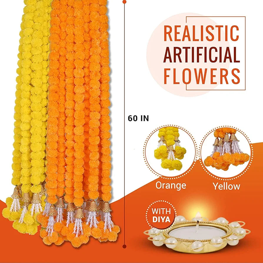 Artificial Genda Phool for Decoration Flowers Garland with Bell 5 Feet Long 10 Pcs with 2 Diya Yellow+Orange