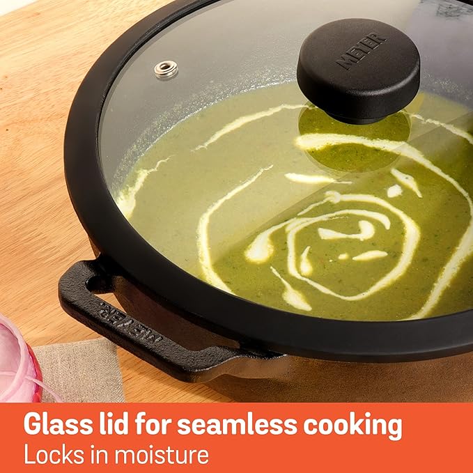 Meyer Pre Seasoned Cast Iron Kadai|Iron Kadhai with Lid 20cm/ 1.5 Liters Black