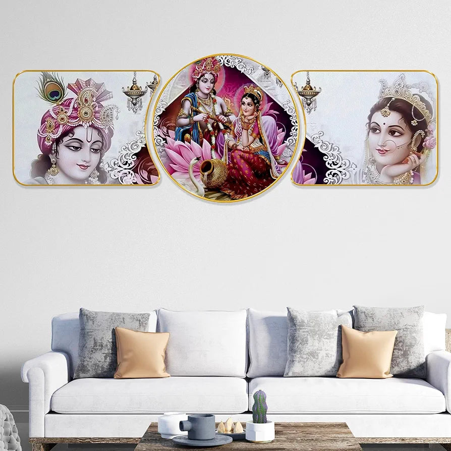 Livin'luxe Paintings Radha Krishna Religious Modern Art Premium Sparkle Lamination Finished Surface Golden Slim Frame RP-49