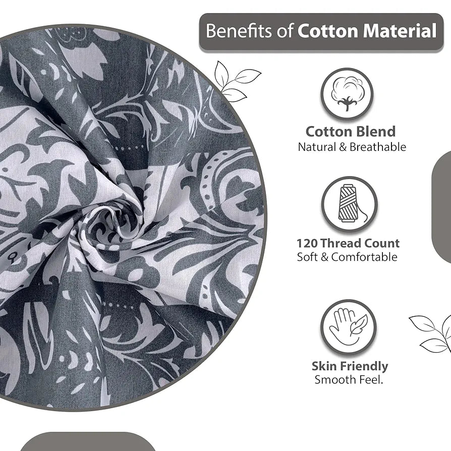 Divine Casa Double Size Bedsheet for Double Bed 144 TC Pure Cotton Queen Size with 2 Pillow Covers Floral Colour Grey & Blue