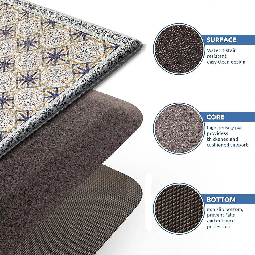 Luxe Home Columbo Anti-Fatigue Kitchen Mat Non-Slip Cushioned Comfort Mat Moroccan Tile Pattern Standing Desk Mat Colour Patcrn