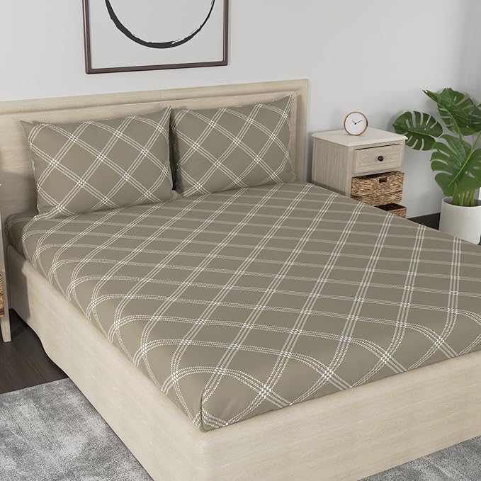 Huesland by Ahmedabad Cotton 186 TC Cotton Bedsheet for Double Bed King Size with 2 Pillow Covers | 9ft x 9ft | Brandon Beige