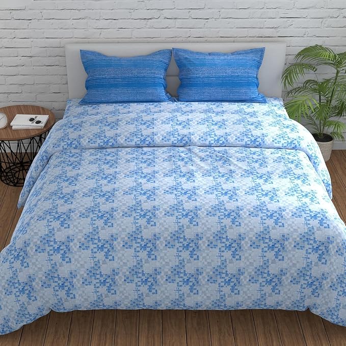 Huesland by Ahmedabad Cotton 144 TC King Size Bedsheet Cotton with 2 Pillow Covers | Grid | Blue, Grey & White