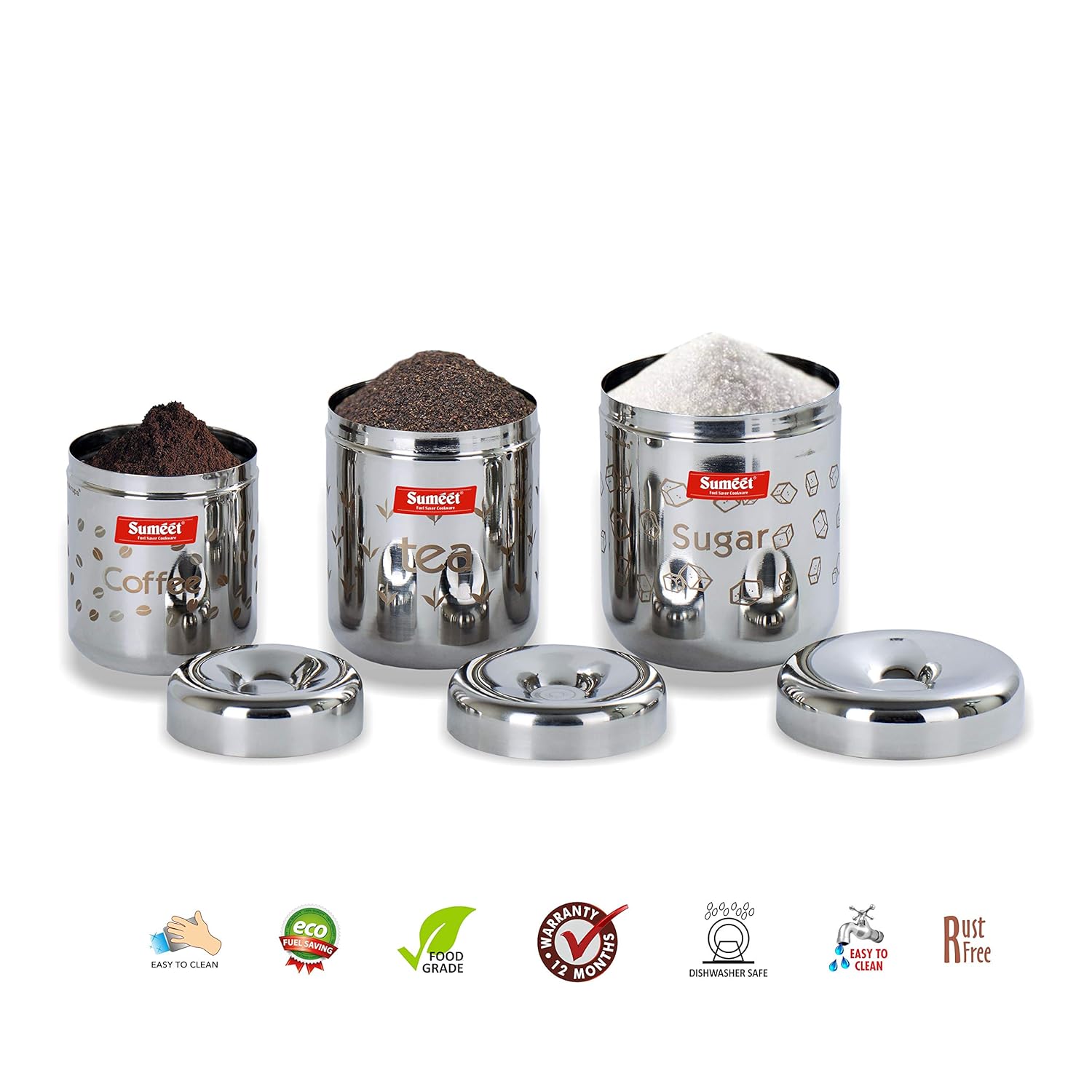 Sumeet Stainless steel Laser printed Tea|Cofee|Sugar Canisters Set of 3 Pcs