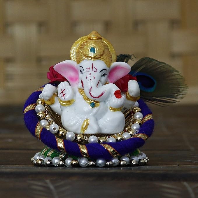 Ecraftindia Resin Lord Ganesha Idol on Peacock Feather Decorative Plate | Ganesha Idol for Home Decor