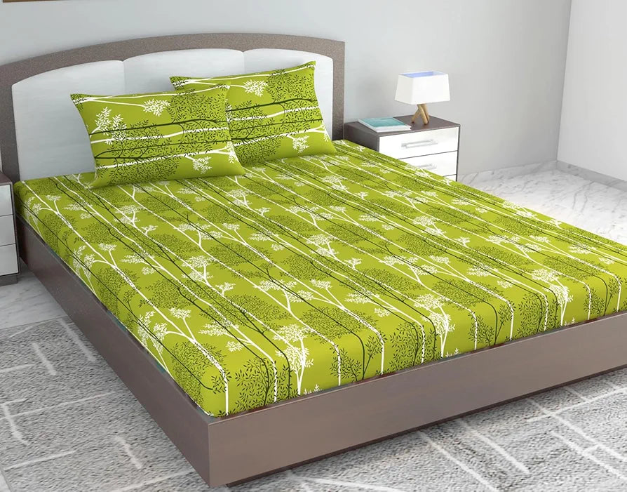 Divine Casa 144 TC 100% Cotton King Bedsheet with 2 Pillow Covers Floral Pattern Colour Tree Green