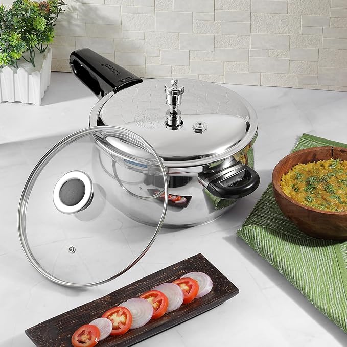 Vinod Splendid Plus Stainless Steel Pressure Cooker Outer Lid 2.5 Litre | SAS Bottom Handi Cooker | Extra Glass Lid