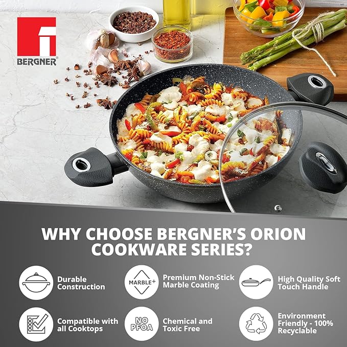 Bergner Orion Nonstick 24 Cm Shallow Kadai | Glass Lid | 2.3 Litres