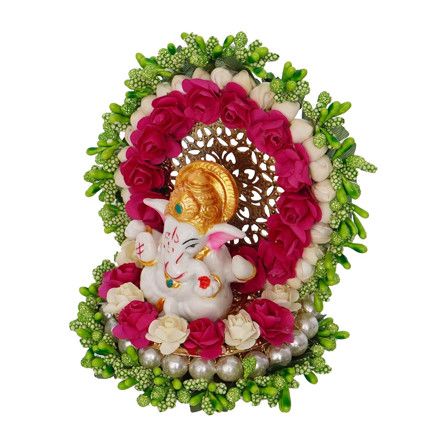 Ecraftindia Resin Lord Ganesha Idol on Decorative Green Pink Floral Plate | Ganesha Idol