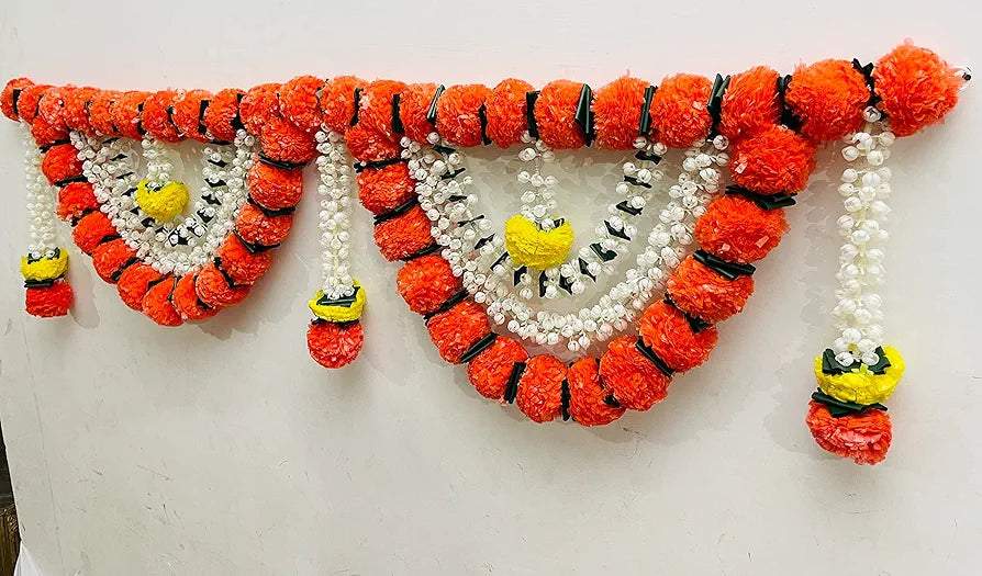 Artificial Marigold Fluffy Flowers Garlands Door Toran Set/Door Hangings Dark Orange with Jasmine and leaves