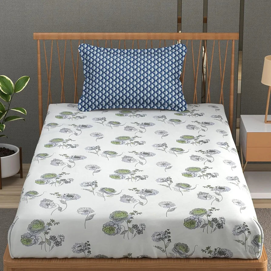 Fresh From Loom Microfiber Soft Cotton Bedsheet for Single Bed 200 TC Single Size Bed Sheet with 1 Pillow Cover White Grey