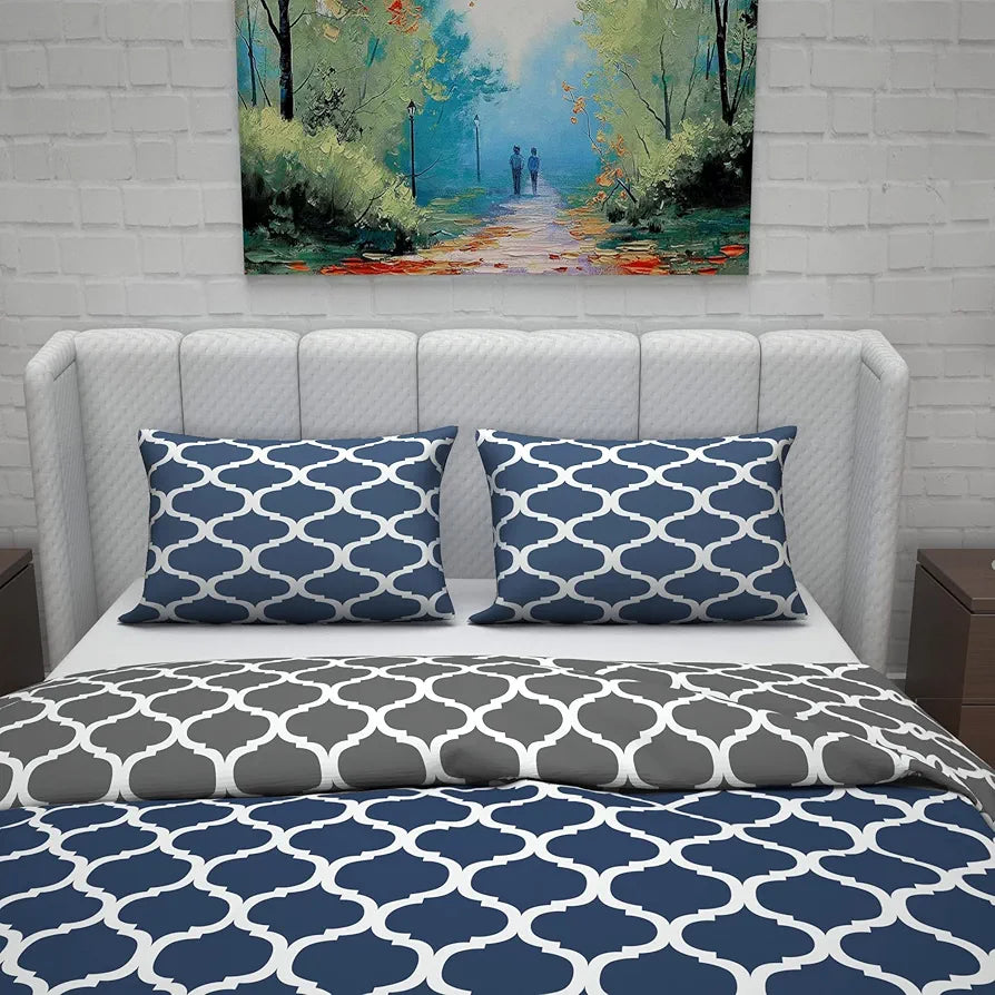 Divine Casa Micro Polyester Reversible Double Bed Queen Size Abstract Printed Duvet Cover Colour Dark Blue & Grey