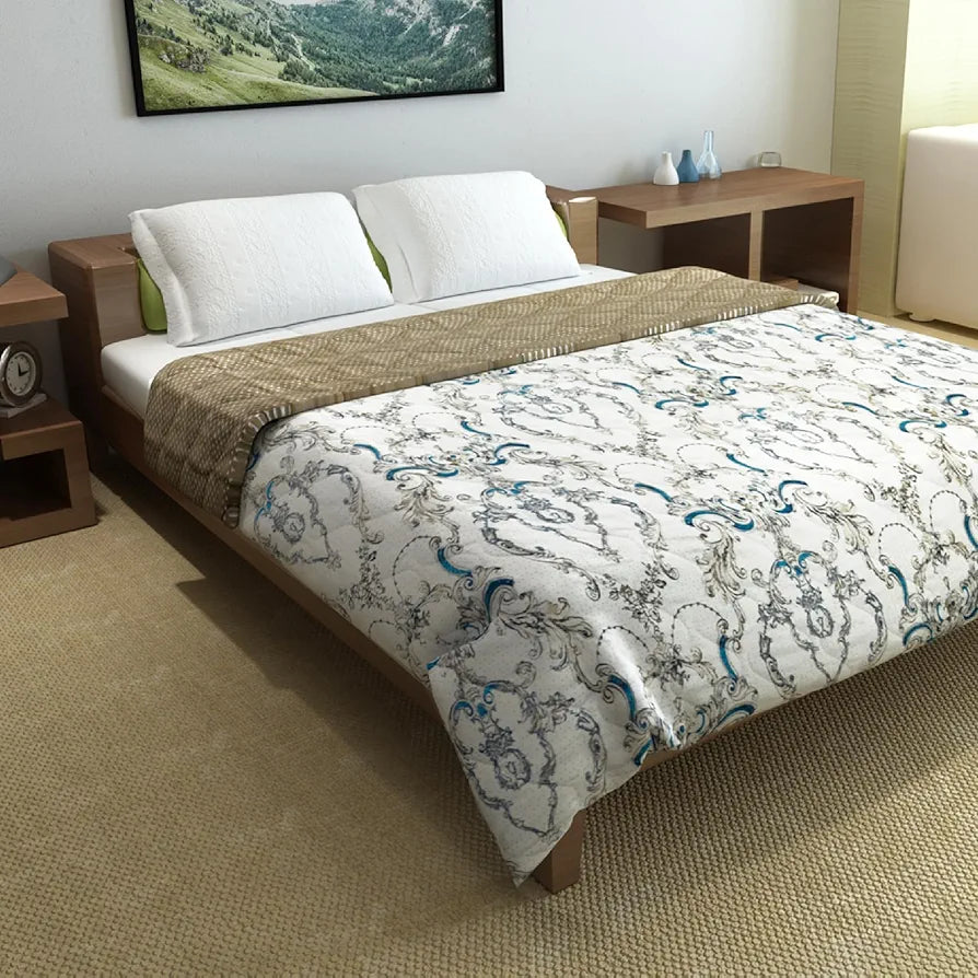 Divine Casa Microfibre All-Weather 150 GSM Printed Reversible Double Bed Size Quilt Comforter Blanket Colour Beige and Brown