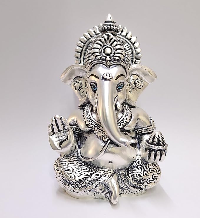 Gold Art India Matte Silver Plated Antique Mukut Ganesha Perfect for Gifting