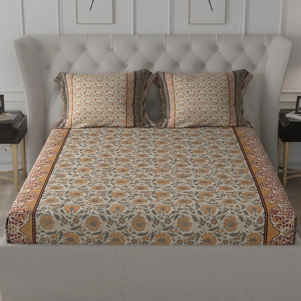 Cloth Fusion 186tc Glace Cotton Elastic Fitted Bedsheet for Double Bed King Size with 2 Pillow Covers Floral Beige