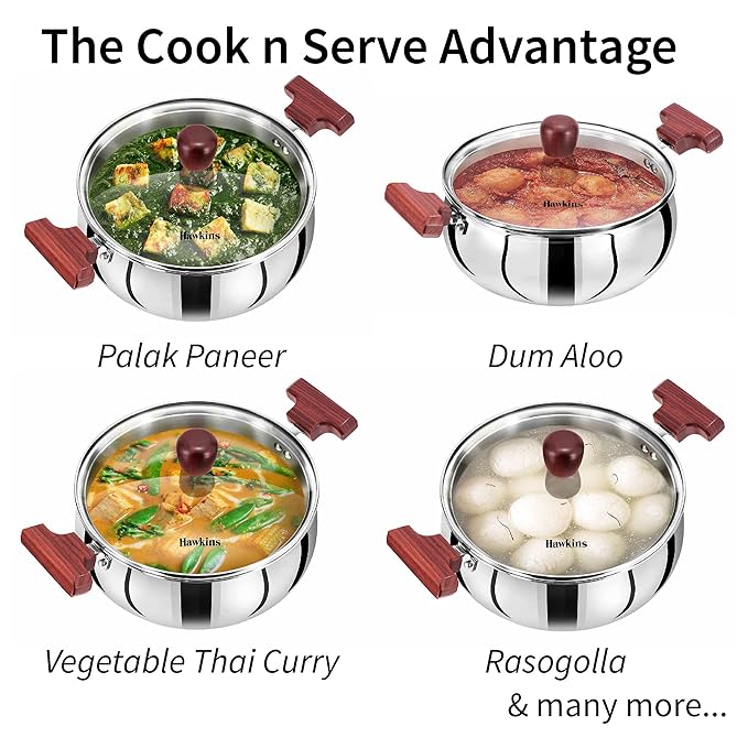 Hawkins 2 Litre Cook n Serve Handi Triply Stainless Steel Handi with Glass Lid