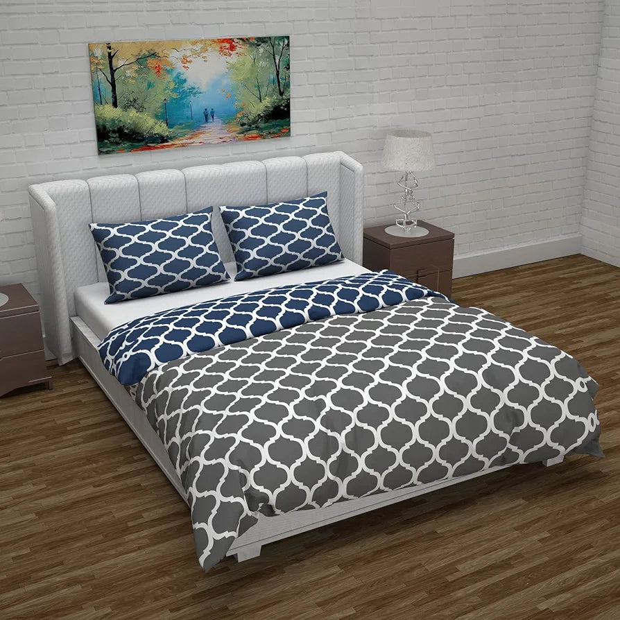 Divine Casa Micro Polyester Reversible Double Bed Queen Size Abstract Printed Duvet Cover Colour Dark Blue & Grey