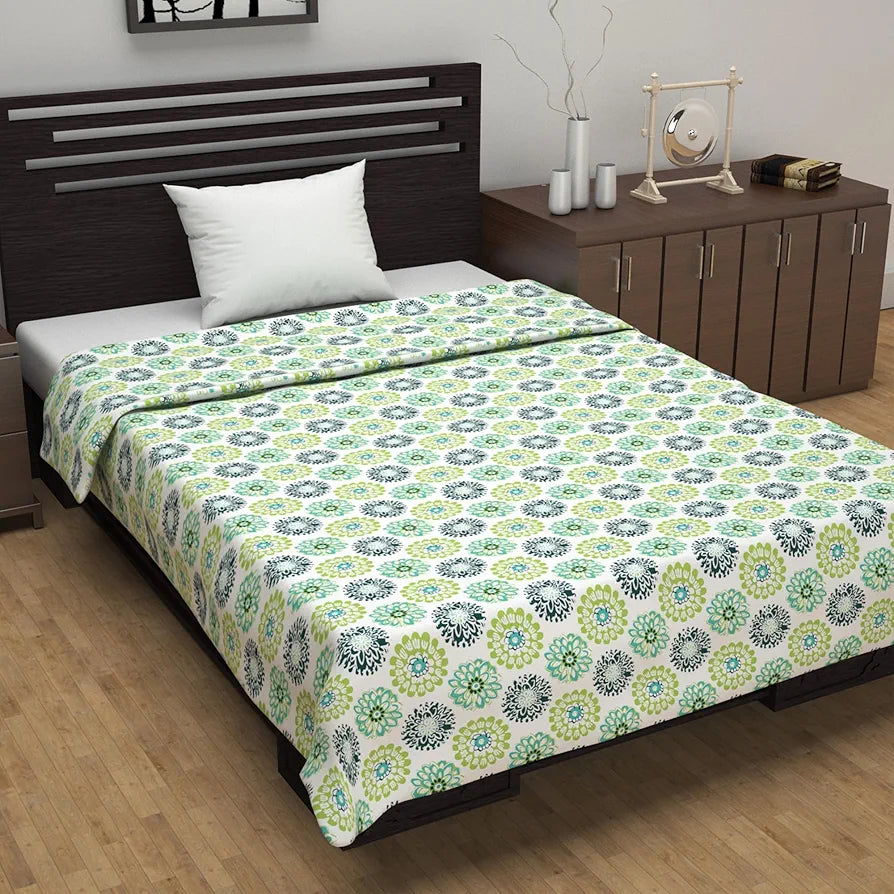 Divine Casa Floret 100% Cotton Single Dohar 120 GSM Soft & Lightweight Throw Blanket Colour Green Blue
