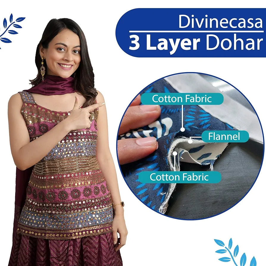 Divine Casa Floret 100% Cotton Double Dohar 120 GSM Soft & Lightweight Throw Blanket Colour Blue Aqua